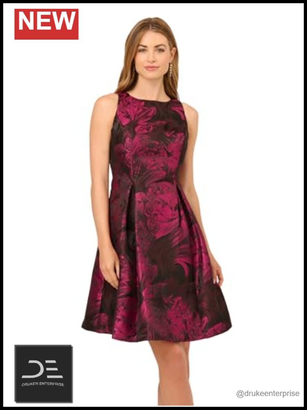 Jacquard Fit Flare Dress Sleeveless Boat Neck